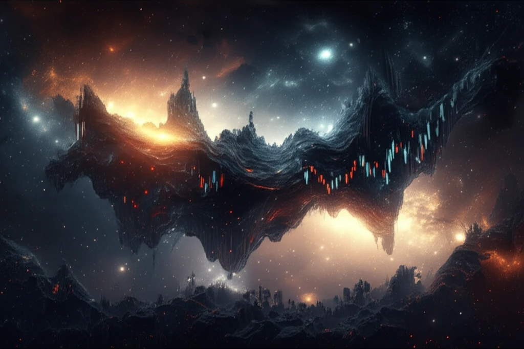 Stock market chart transforming into a galaxy, symbolizing random matrix theory.