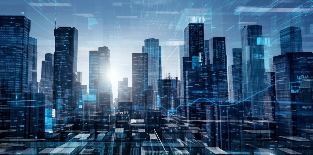 Financial cityscape with dynamic data streams.