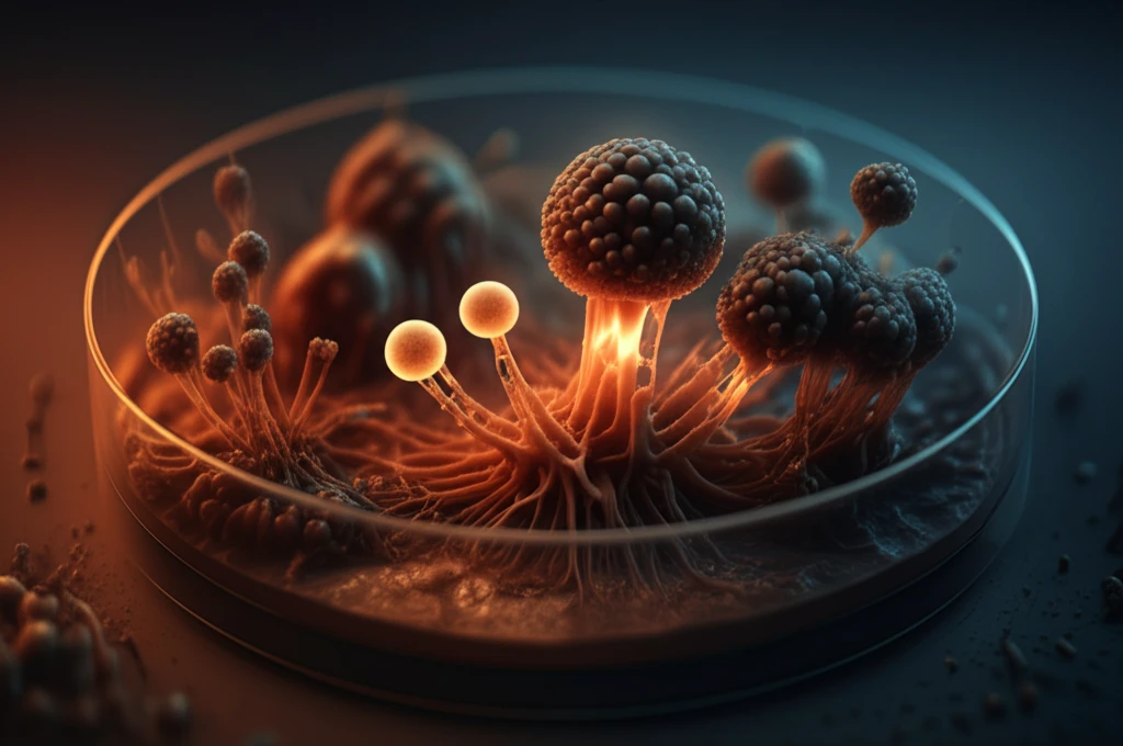 Microscopic view of iron oxide nanoparticles forming patterns around Phoma glomerata fungus.