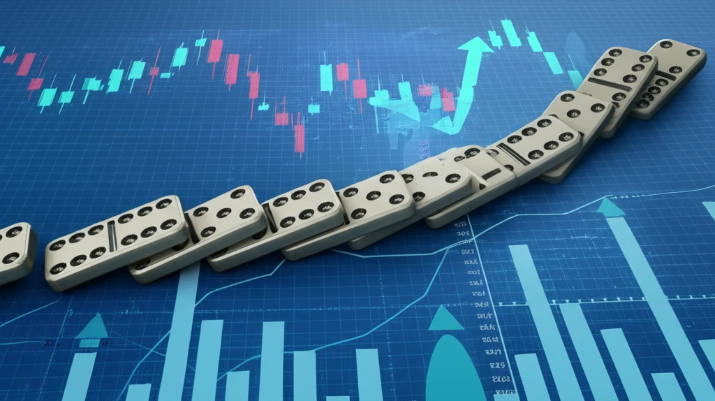 Domino effect across financial charts, symbolizing cross-market impact