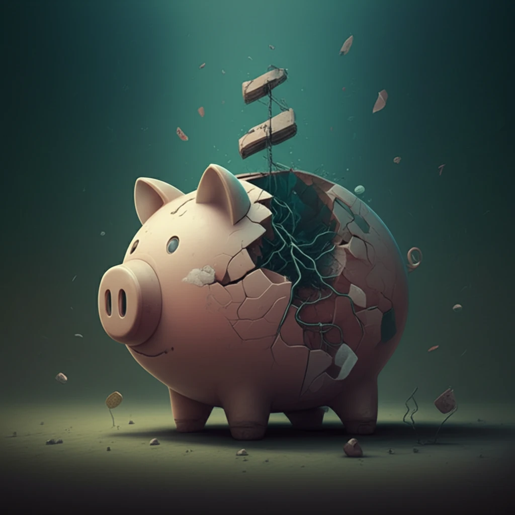 Cracked piggy bank with growing roots, symbolizing long-term financial recovery.