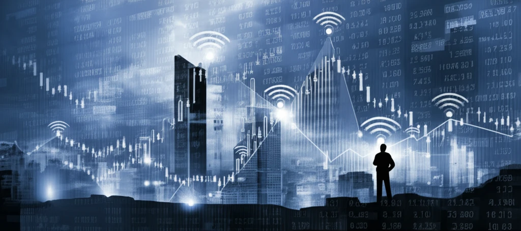 Cityscape of stock charts with radio waves emanating from buildings, representing trade signals.