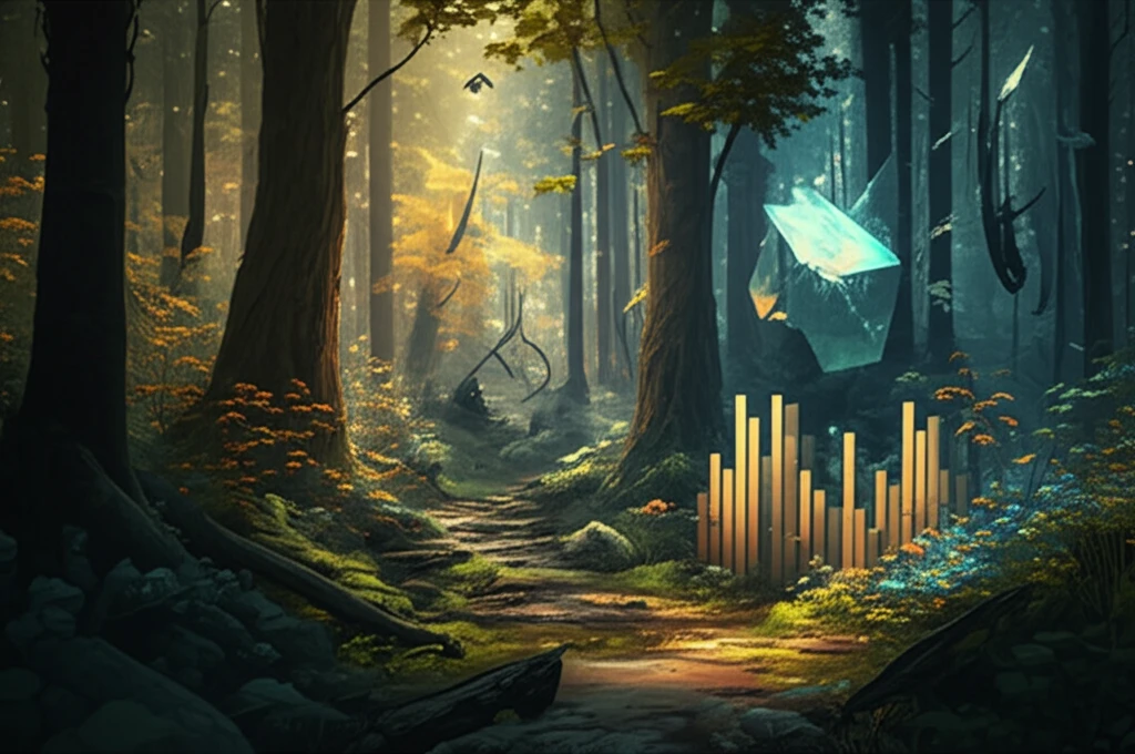 Financial chart transforming into an abstract forest, symbolizing the growth and complexity of Volterra Wishart processes in financial modeling.