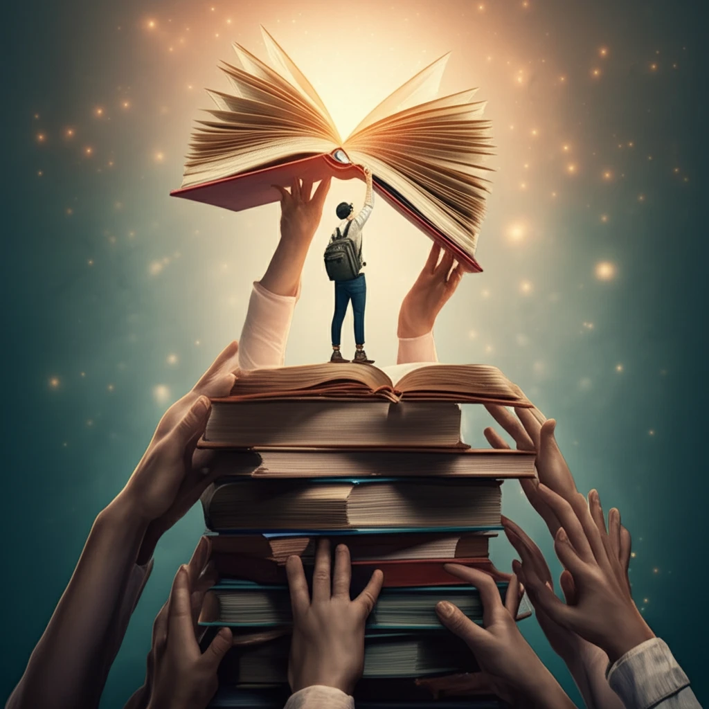 Student reaching for knowledge in disability studies with diverse support.