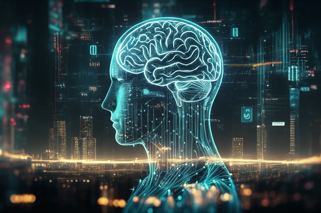 AI brain analyzing stock market data in a futuristic cityscape.