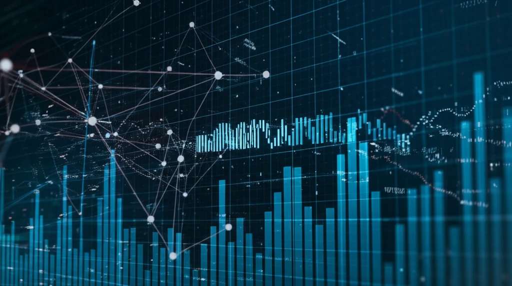 Surreal illustration of AI-driven financial calibration using neural networks and random data points.