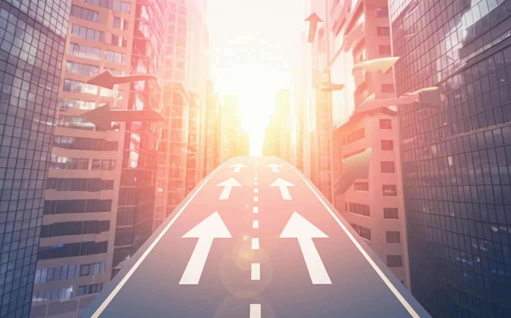 Winding road through financial district symbolizing arbitrage.