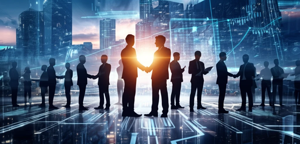 Diverse investors shaking hands over a futuristic cityscape, symbolizing collective wealth.