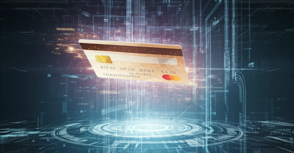 AI-optimized credit card floating above digital data streams.