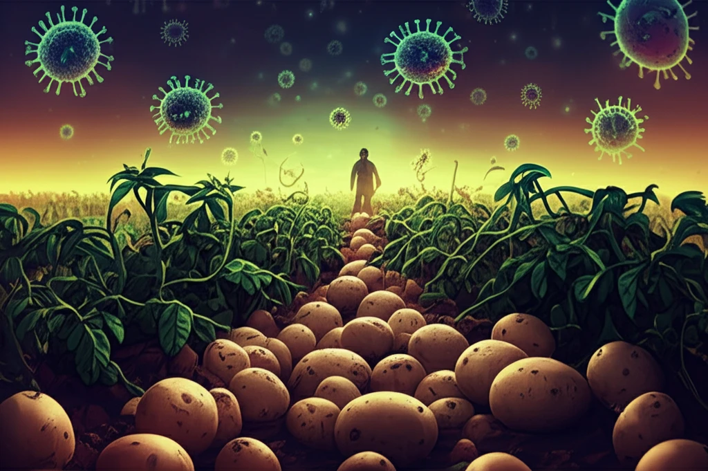 Surreal illustration of a potato field with abstract virus particles, symbolizing PVY strains.