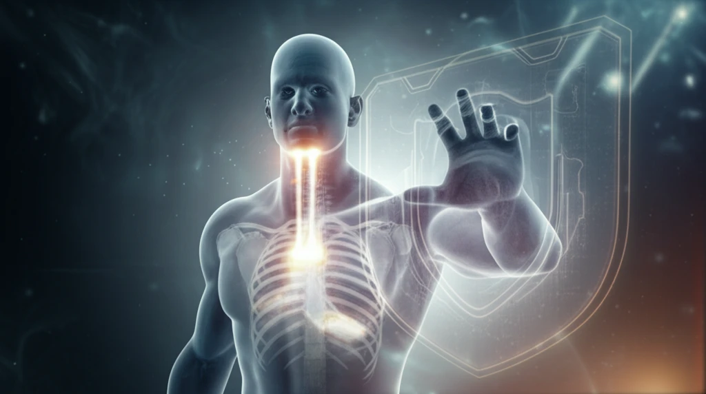 A person confidently facing a chest X-ray, protected by knowledge and understanding.