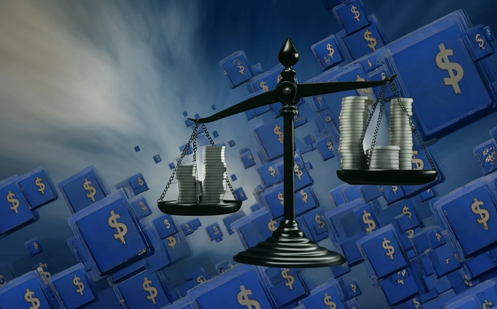 Scales balancing assets and fees.