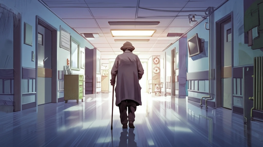 Elderly person confidently walking after hip fracture treatment.