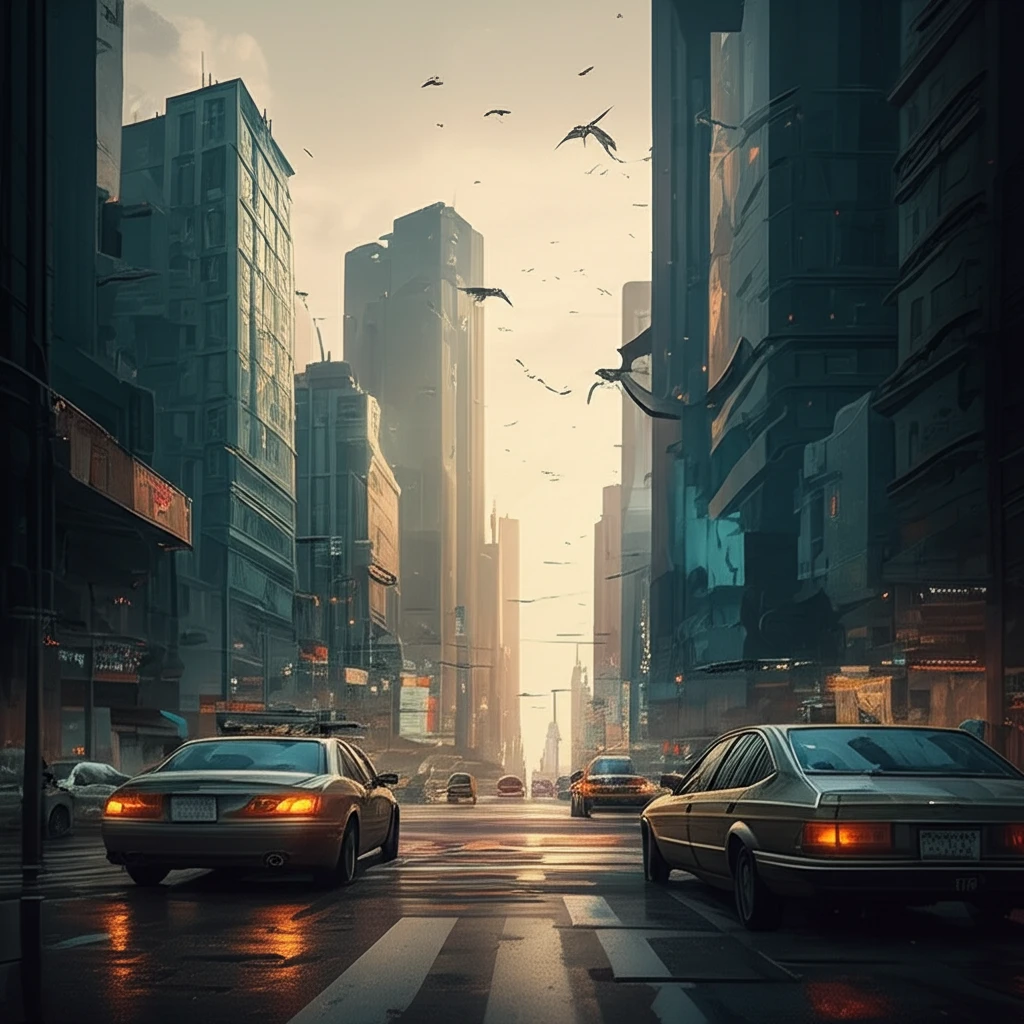 Futuristic cityscape blending dense urban core and green suburbs.
