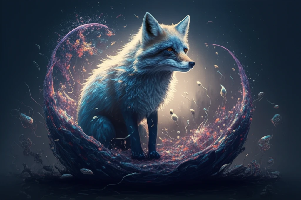 Blue fox surrounded by sperm cells, symbolizing fertility research.