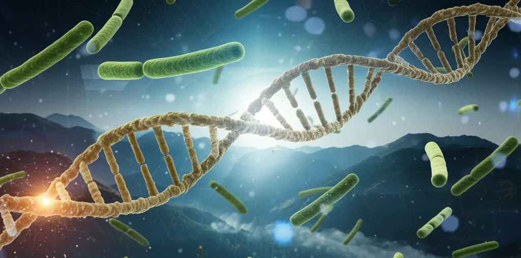 DNA strand with tuberculosis bacteria and Andes Mountains