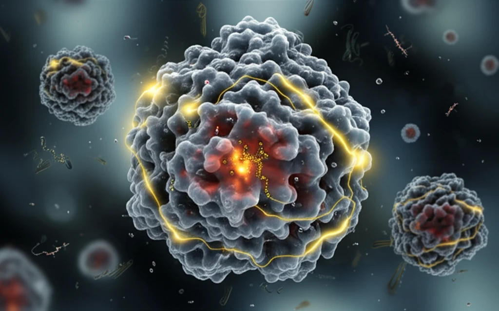 Protein molecule changing shape and glowing due to glutathionylation in response to oxidative stress.