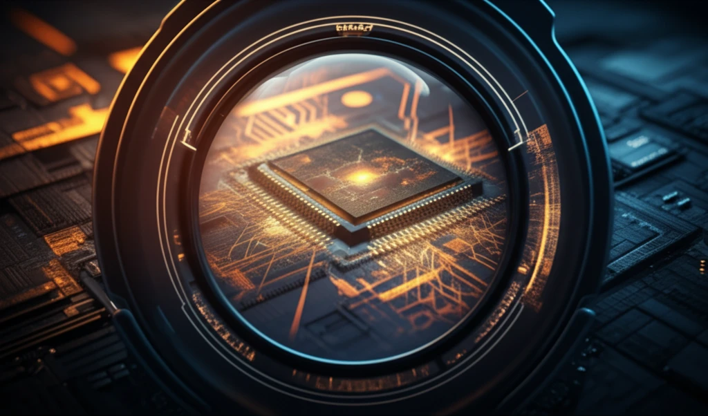 Surreal illustration of glowing electric field lines on a microchip under an electron microscope.