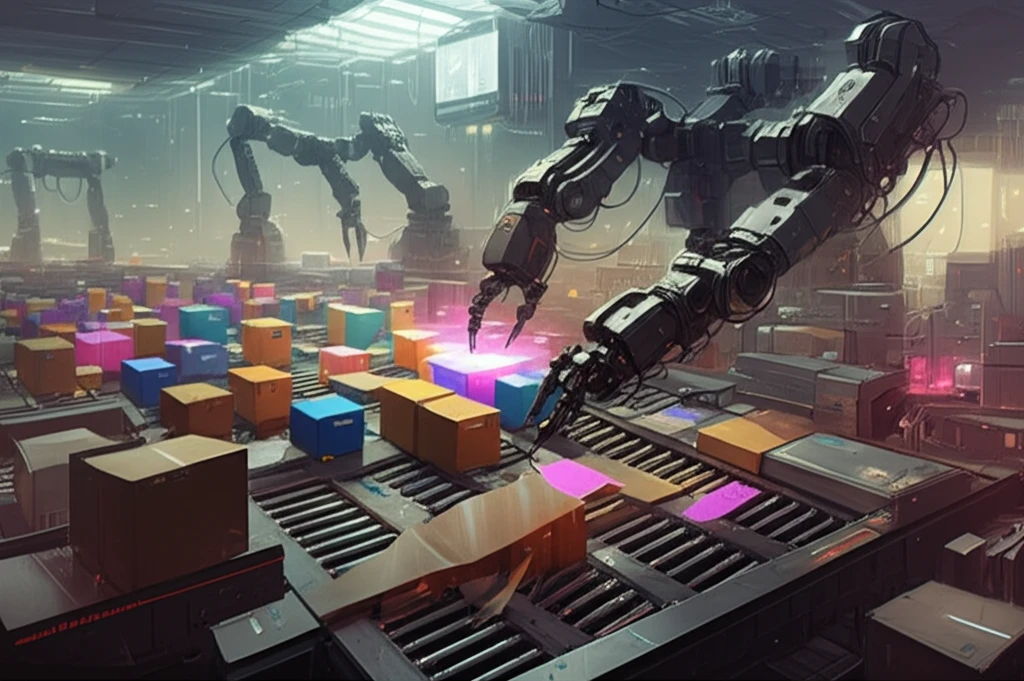 Cilia-inspired robots sorting packages in a futuristic facility.