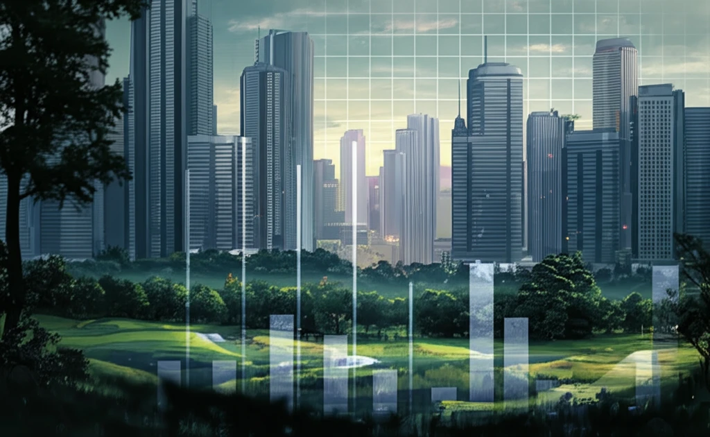 Cityscape transforming into a green landscape, showing the impact of carbon pricing.