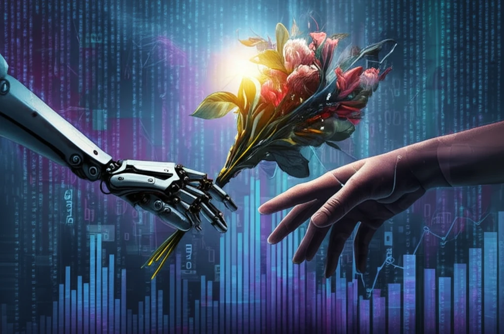 Robot hand offering flowers to human hand symbolizing AI and Altruism