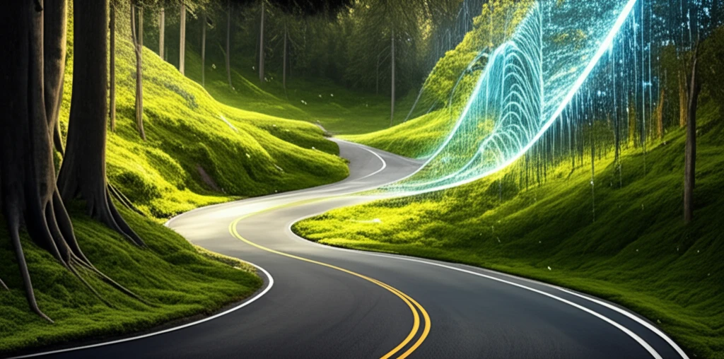 Surreal illustration of a path through a landscape with a Gaussian curve overlay, representing interest rate convexity.