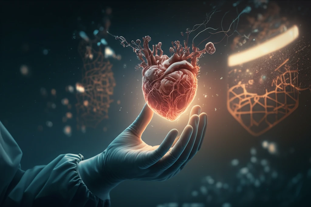 Surreal illustration of a surgeon holding a heart-shaped tissue graft with Islamic geometric patterns.