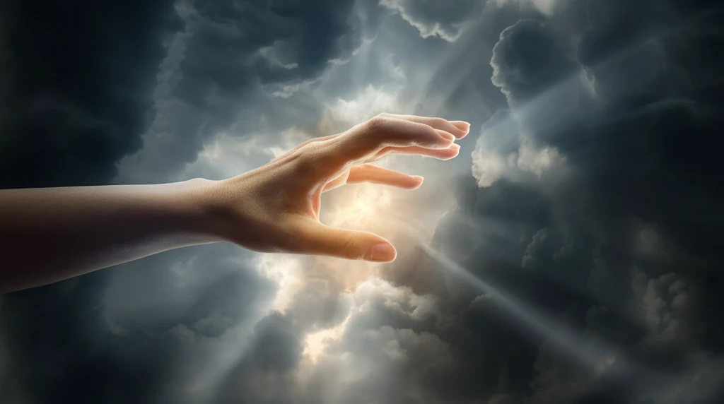 Protective hand shielding a child from dark clouds.