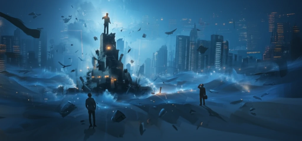 Surreal illustration of investors finding shelter in a data-fortress, symbolizing protection in uncertain financial markets.