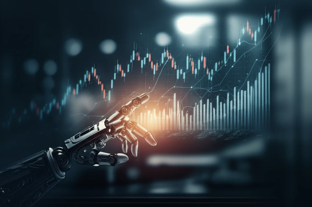 AI-powered robot hand balancing stock market charts.