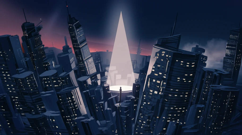 Skewed cityscape symbolizing asymmetric market dependencies with a spotlight on a balanced portfolio.