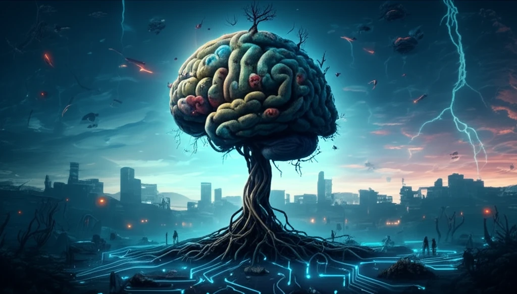 Brain-shaped tree in a corporate landscape symbolizing innovation and knowledge.