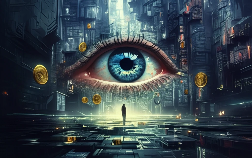 Futuristic DEX cityscape with cryptocurrency streams and an oracle overseeing fair prices.