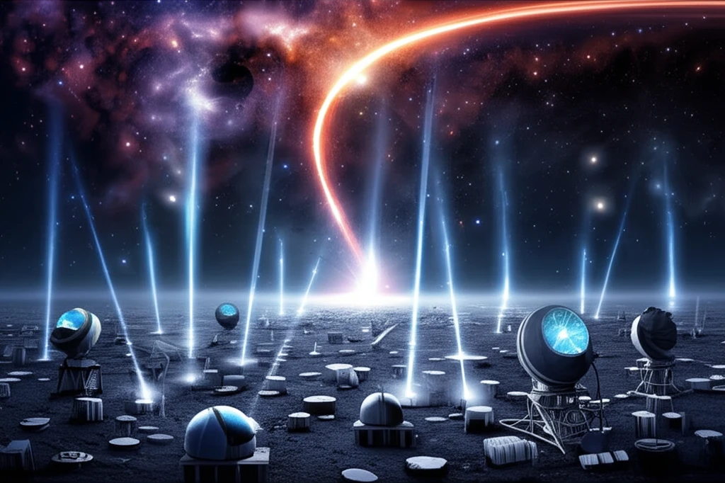 Cosmic ray shower over Earth, with visible energy spectrum bend.