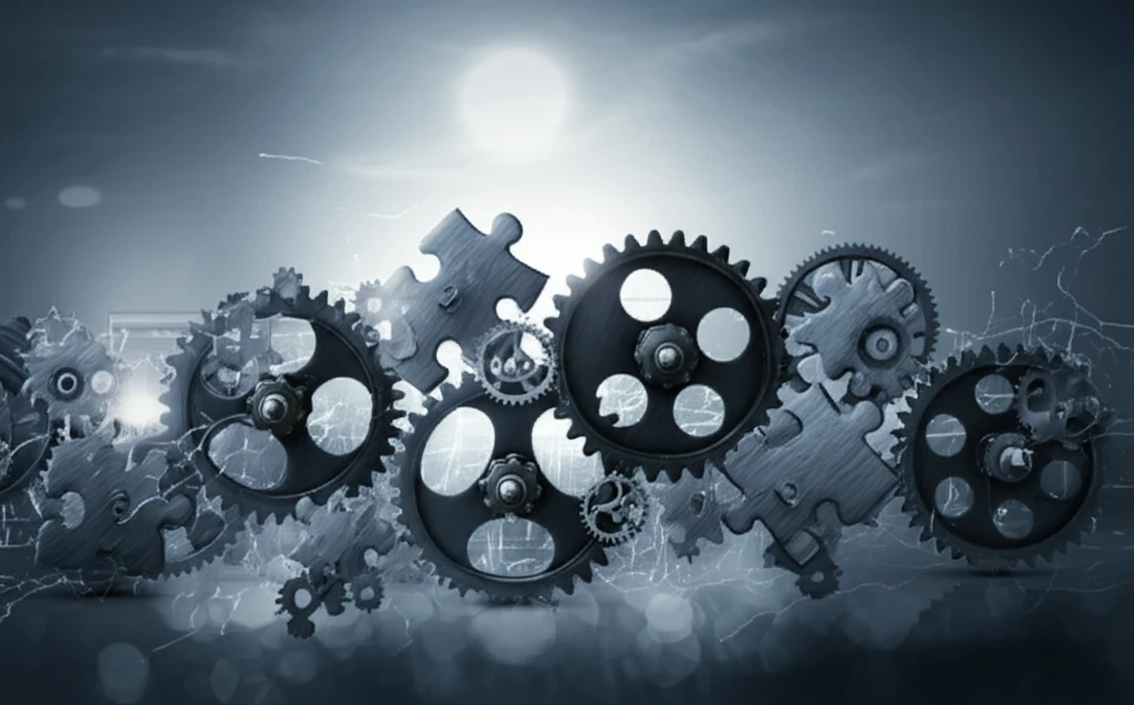Gears and puzzle pieces interlocking, representing disagreement leading to innovation.