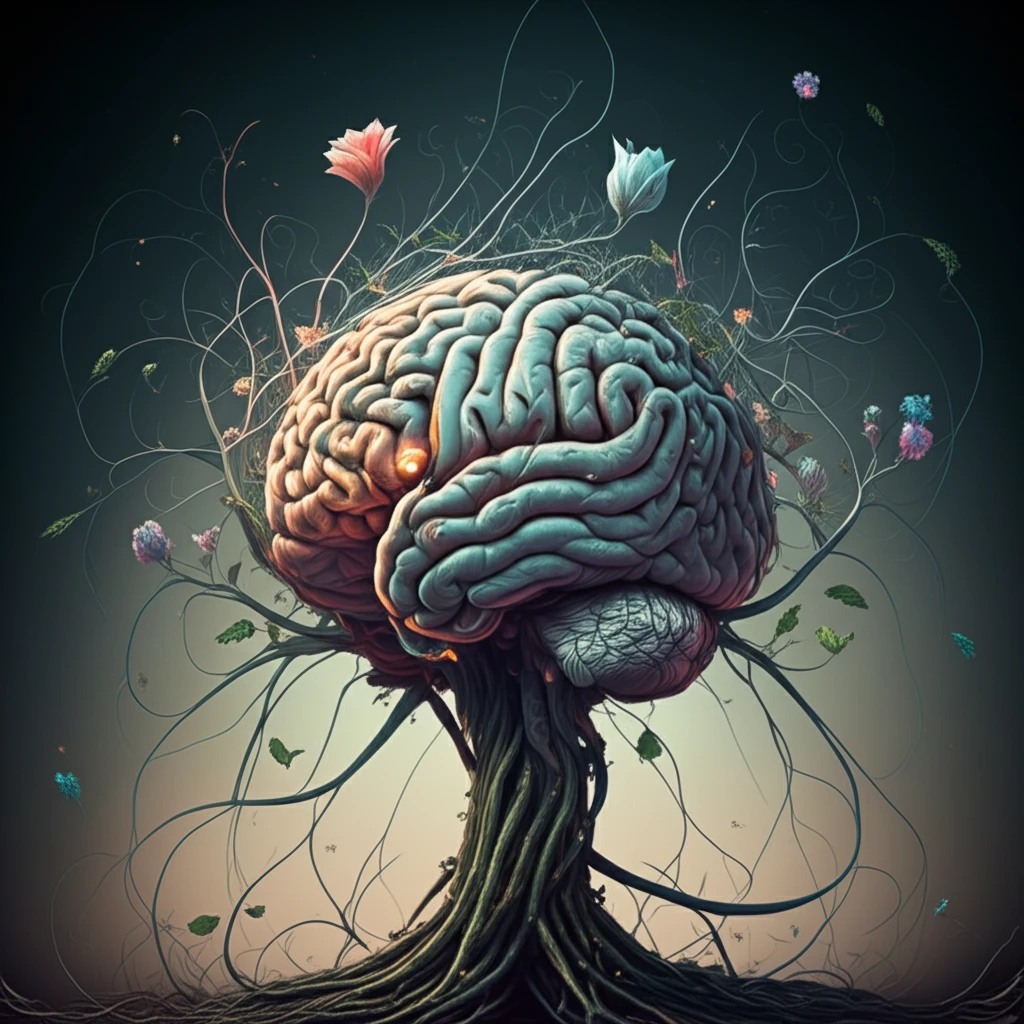 Brain intertwined with vines and flowers, symbolizing the healing power of the mind.