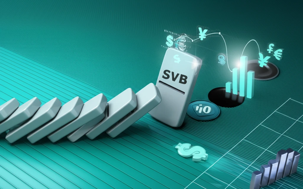 Domino effect symbolizing the SVB failure and its impact on the financial system