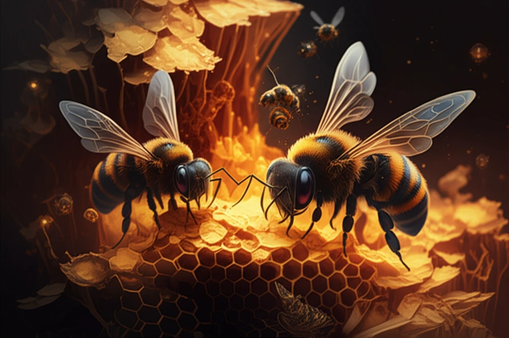 Abstract illustration of bees constructing a geometric city, symbolizing algorithm optimization.