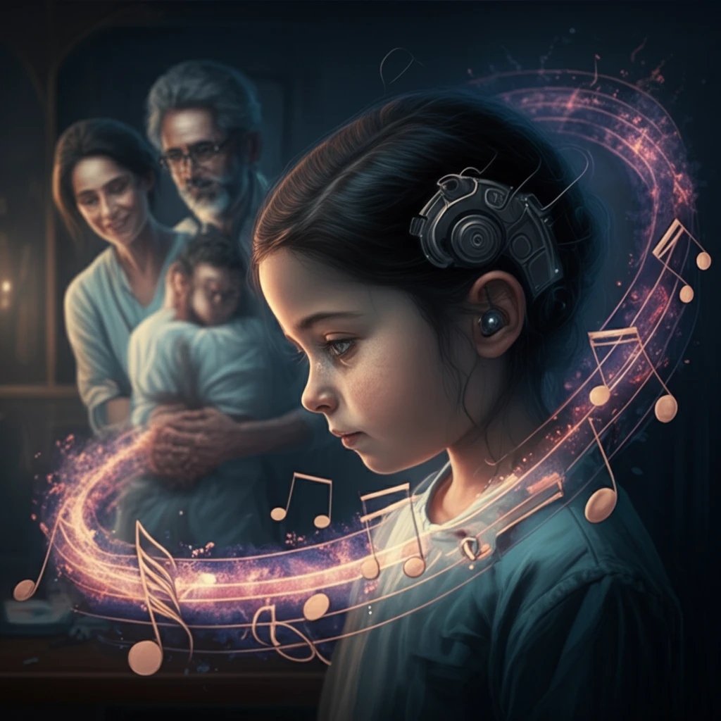 Child with cochlear implant hearing music.