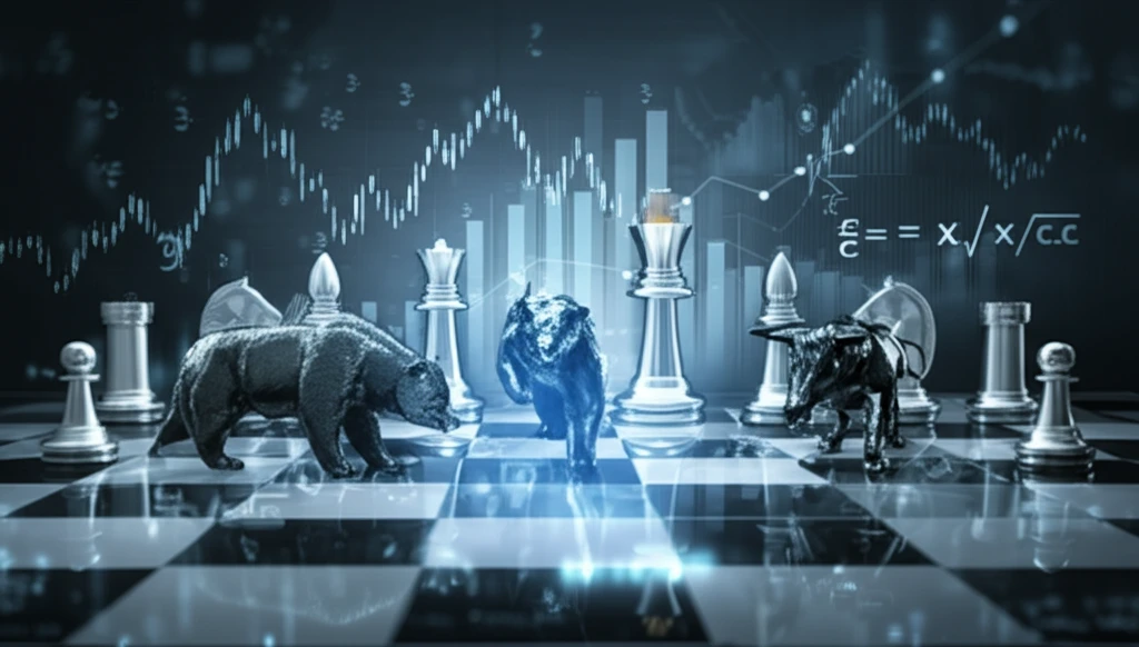 Surreal chessboard illustrating complex option pricing models with bulls and bears as game pieces.