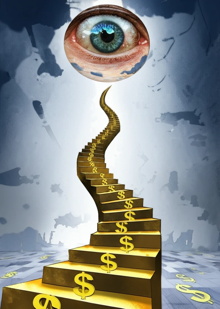 A surreal staircase of rising dollar signs under the watchful eye of public attention.