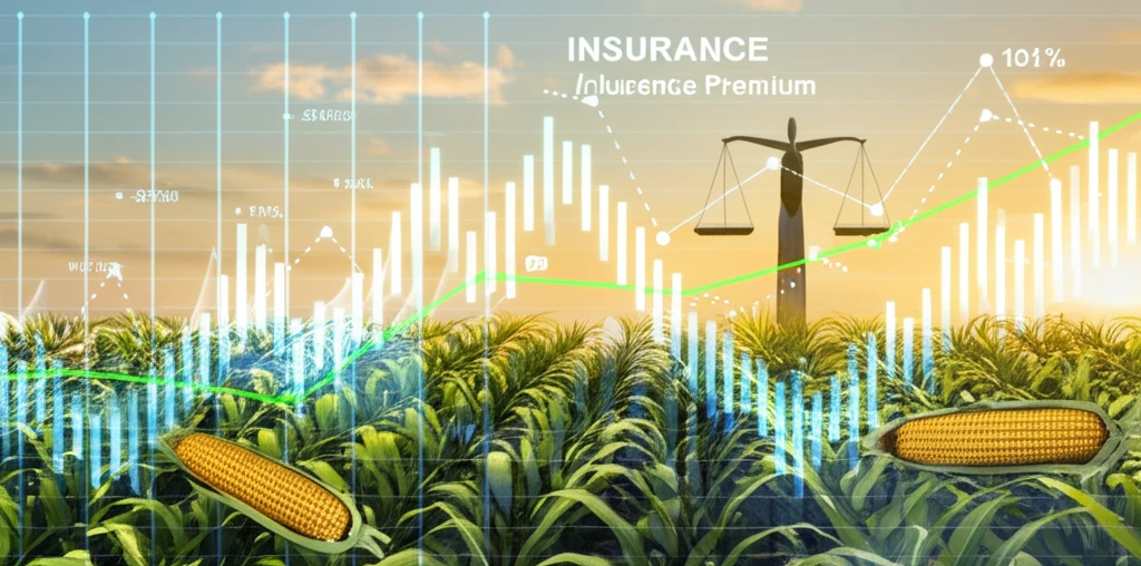 Fluctuating Market Graphs Overlaid on Stylized Corn and Soybean Fields with a Scale in the Background.