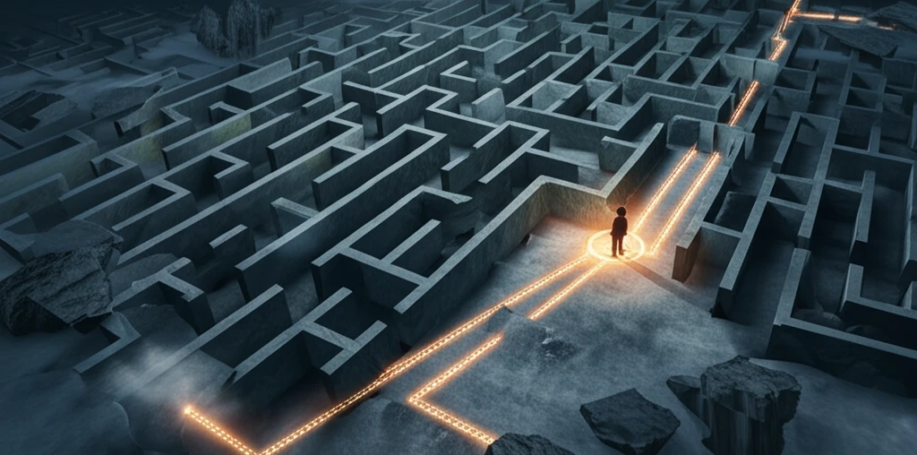 A person navigating a complex labyrinth of risk factors with a glowing compass.
