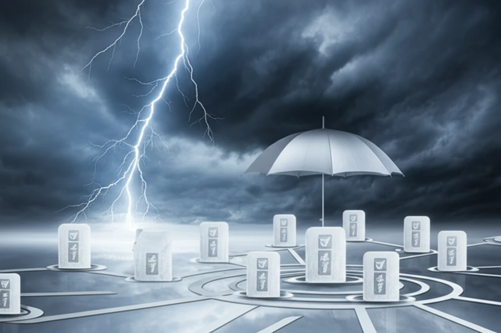 Network of interconnected insurance companies under a protective reinsurance umbrella, symbolizing resilience in the face of economic uncertainty.