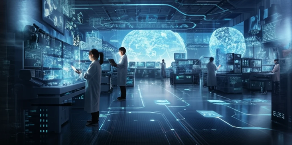 Diverse researchers collaborating in a futuristic lab, symbolizing shared knowledge and innovation.