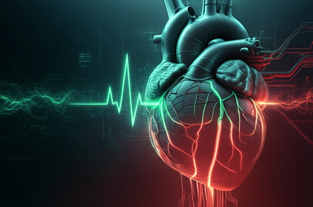 Surreal illustration of a heart with highlighted electrical pathways symbolizing arrhythmia research.