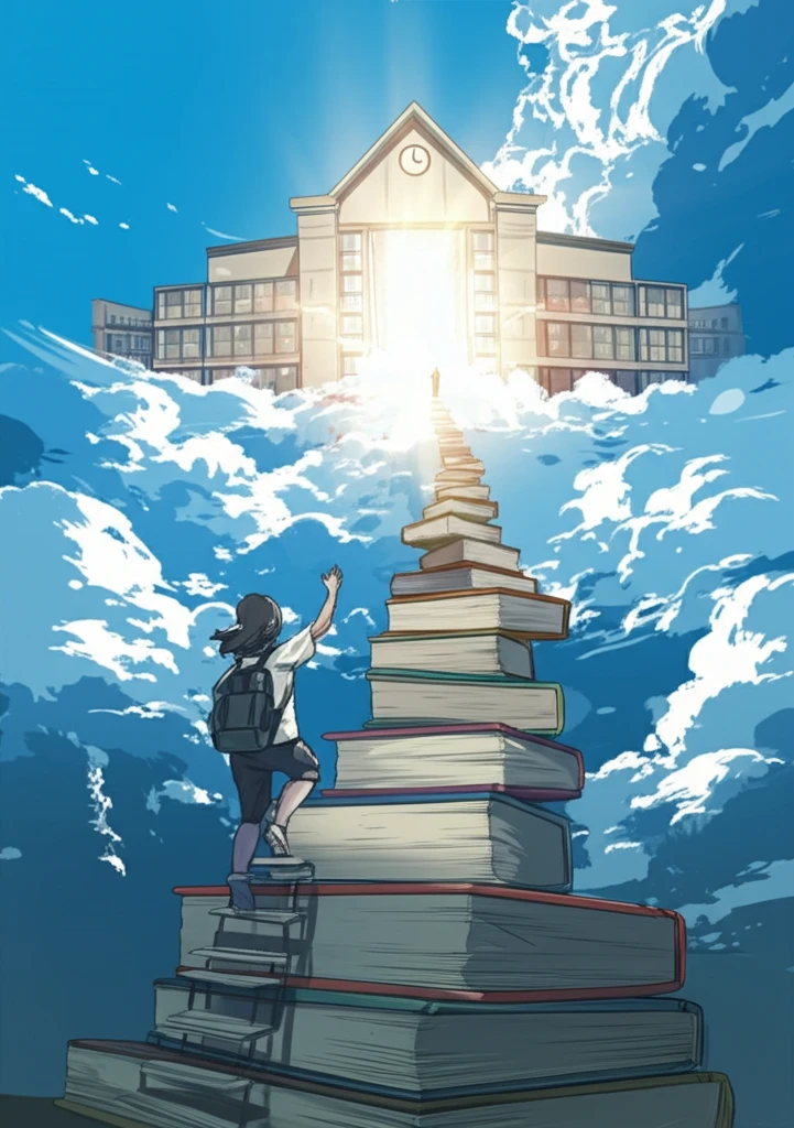 Student climbing a staircase made of books towards a school in the sky.