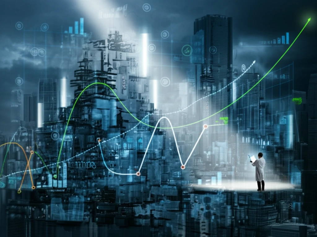 Surreal illustration of a scientist decoding market sentiment using iCOS method in a financial cityscape.