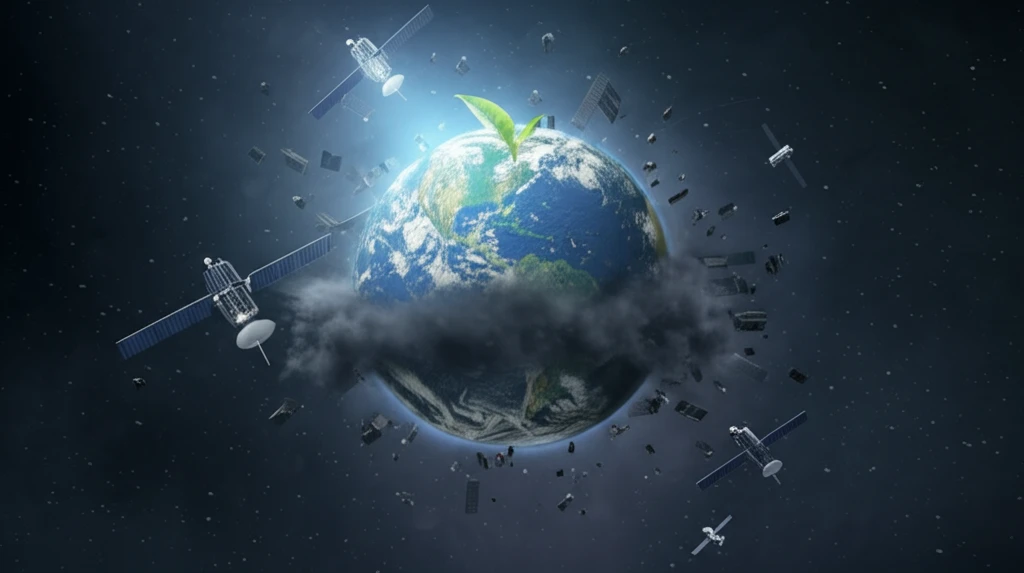 Earth surrounded by satellites and pollution, with a single leaf representing hope.