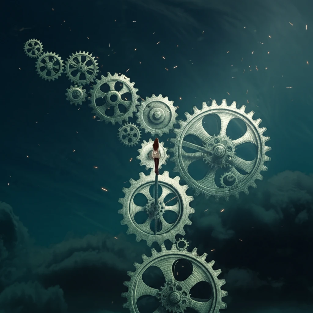 Symbolic image of a person walking on a gear-filled path, representing gait and Parkinson's disease.